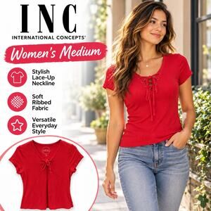 INC International Concepts Red Ribbed Lace-Up Short Sleeve Top | Women’s Medium